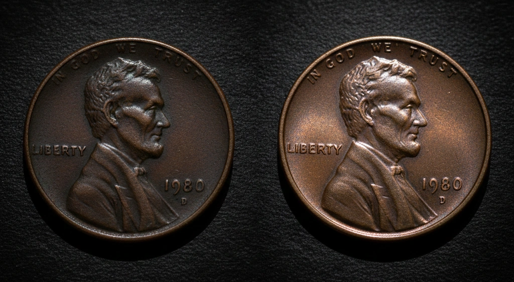 comparison image of worn vs uncirculated 1980 penny