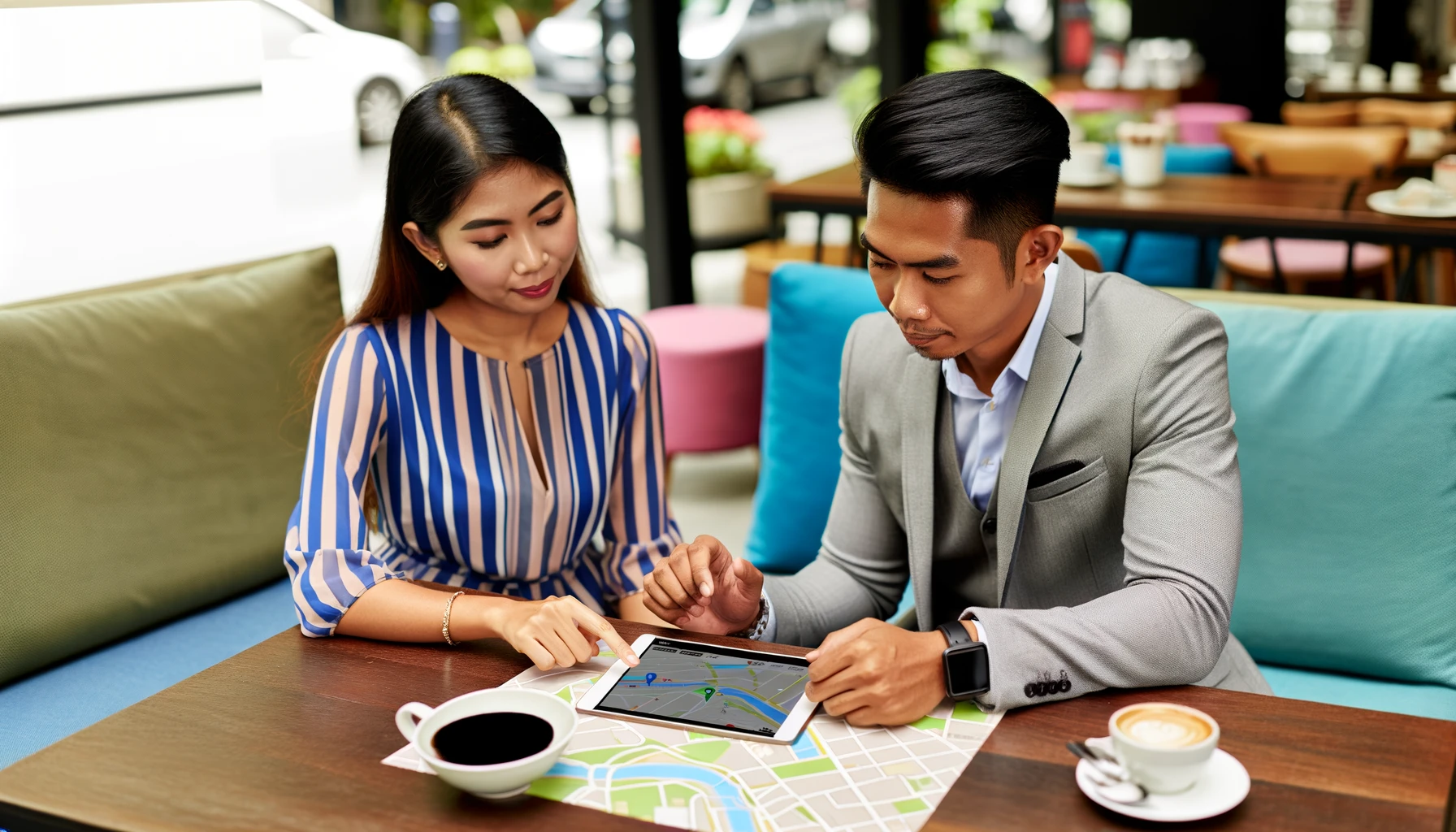 An Asian man and an Asian woman sitting at a cafe, using a tracking app on a tablet.