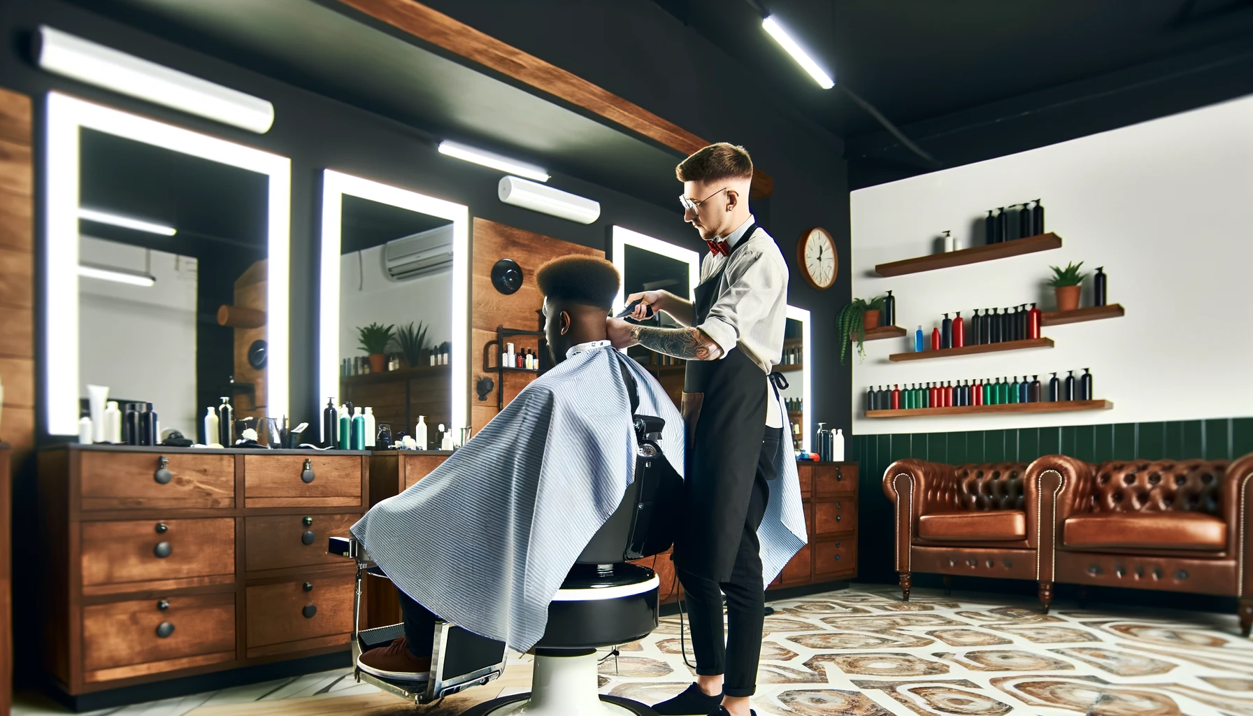 A stylish modern barber shop interior with a professional male barber giving a haircut to an Afro-American male client.
