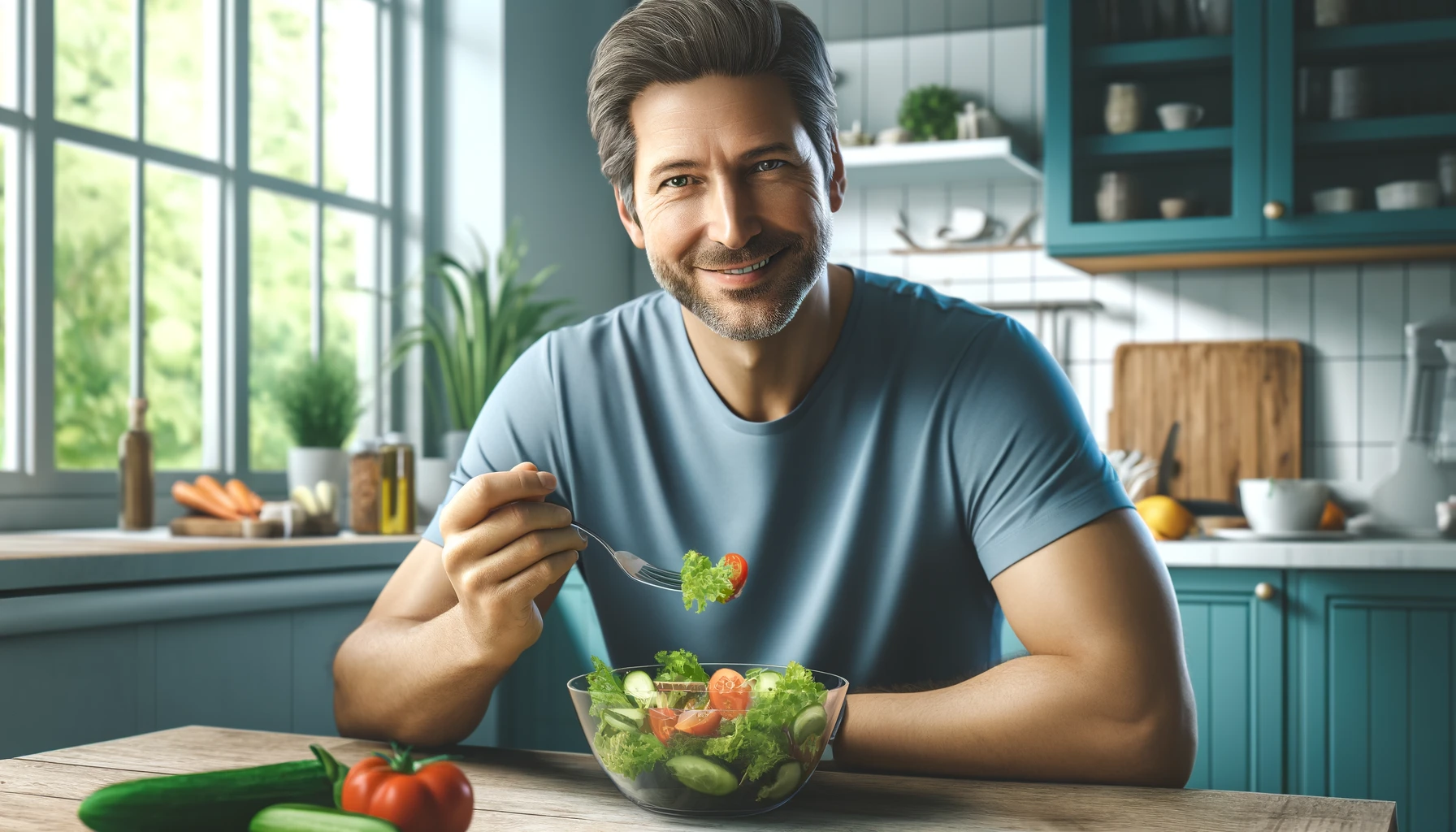 a middle-aged Caucasian man with short brown hair, wearing a casual blue t-shirt, sitting at a modern kitchen table. He is smiling and eating a bowl of colorful salad containing lettuce, tomatoes, cucumbers, and carrots.