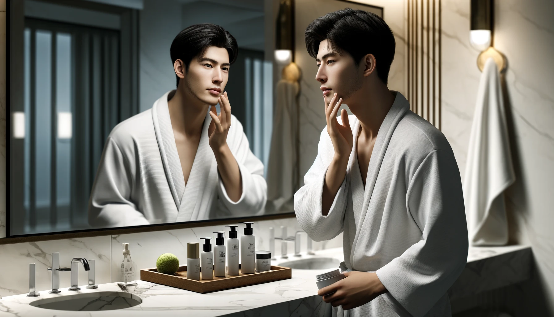 young Asian man with short black hair, wearing a white robe, standing in front of a bathroom mirror. He is applying facial moisturizer to his face with his fingertips.