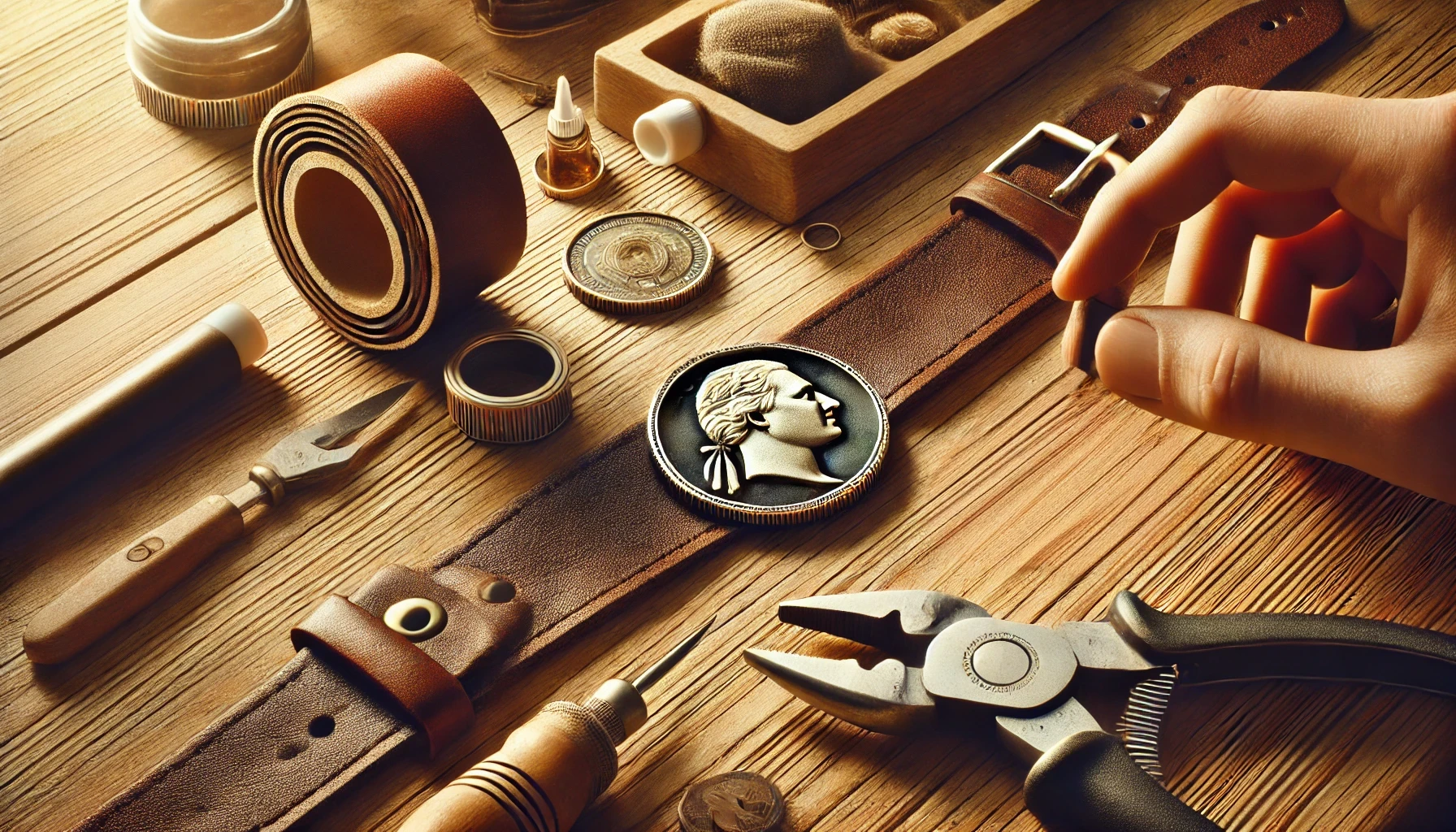 A workspace where a coin-inspired fashion accessory is being crafted. The scene features a leather bracelet in progress with a coin centerpiece being polished by hand. 