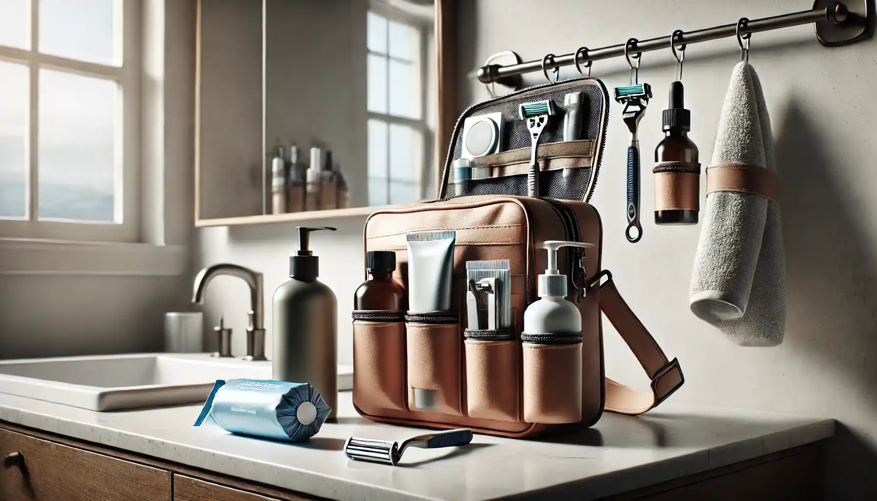 a travel grooming kit on a bathroom counter, featuring travel-sized essentials like a tube of toothpaste, face wipes, a razor, and a small bottle of moisturizer. 
