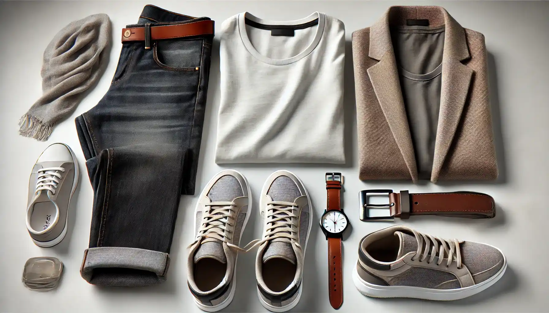 a budget-friendly outfit laid out on a clean surface. Includes a well-fitted white t-shirt, dark jeans, a neutral-colored blazer, minimalist sneakers, and a leather belt.