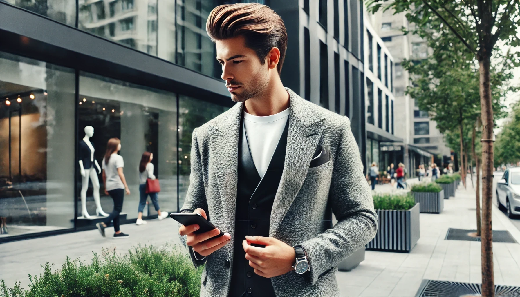 A stylish man is using a location tracking app on his smartphone in a modern city environment.
