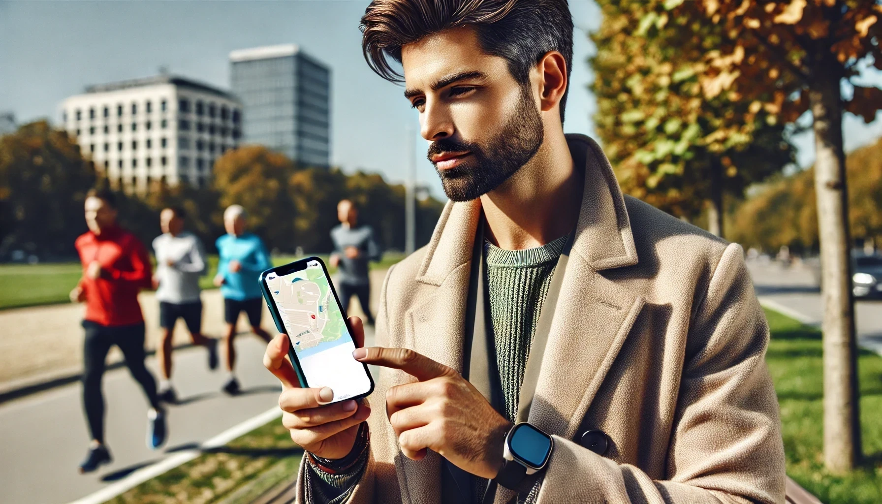 A well-groomed man in an outdoor setting is using a location tracking app on his smartphone.