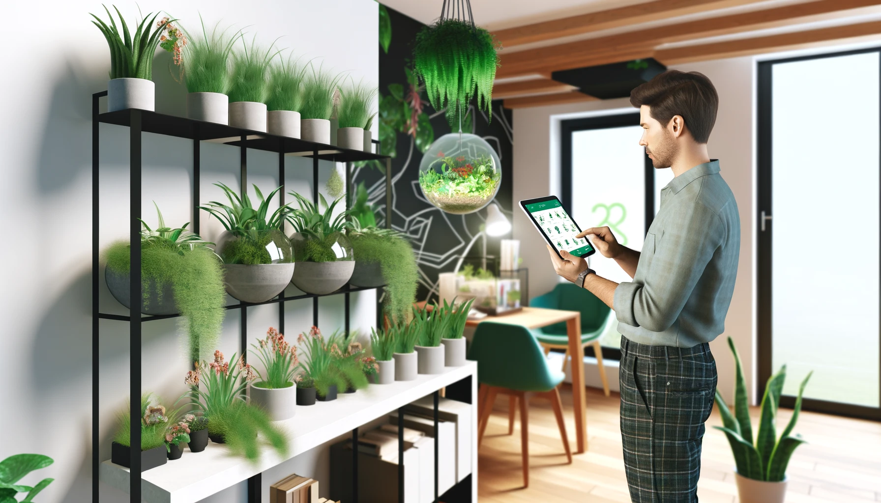 a contemporary home office transformed into an indoor garden, where a man is using a plant identification app on his tablet