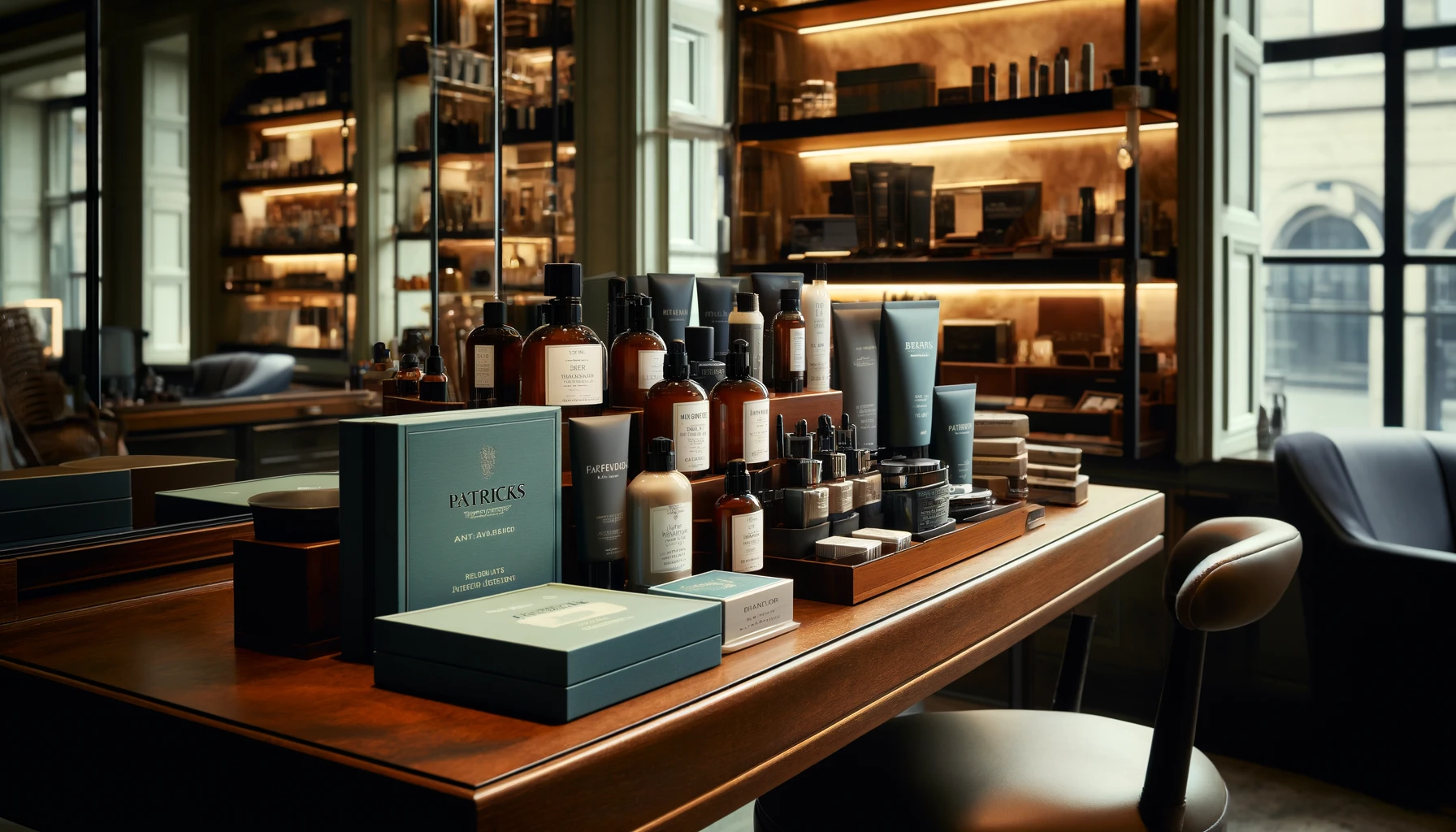 sophisticated setting in a high-end men's grooming salon, showcasing a variety of luxurious skincare products from brands like Patricks and Blu Atlas