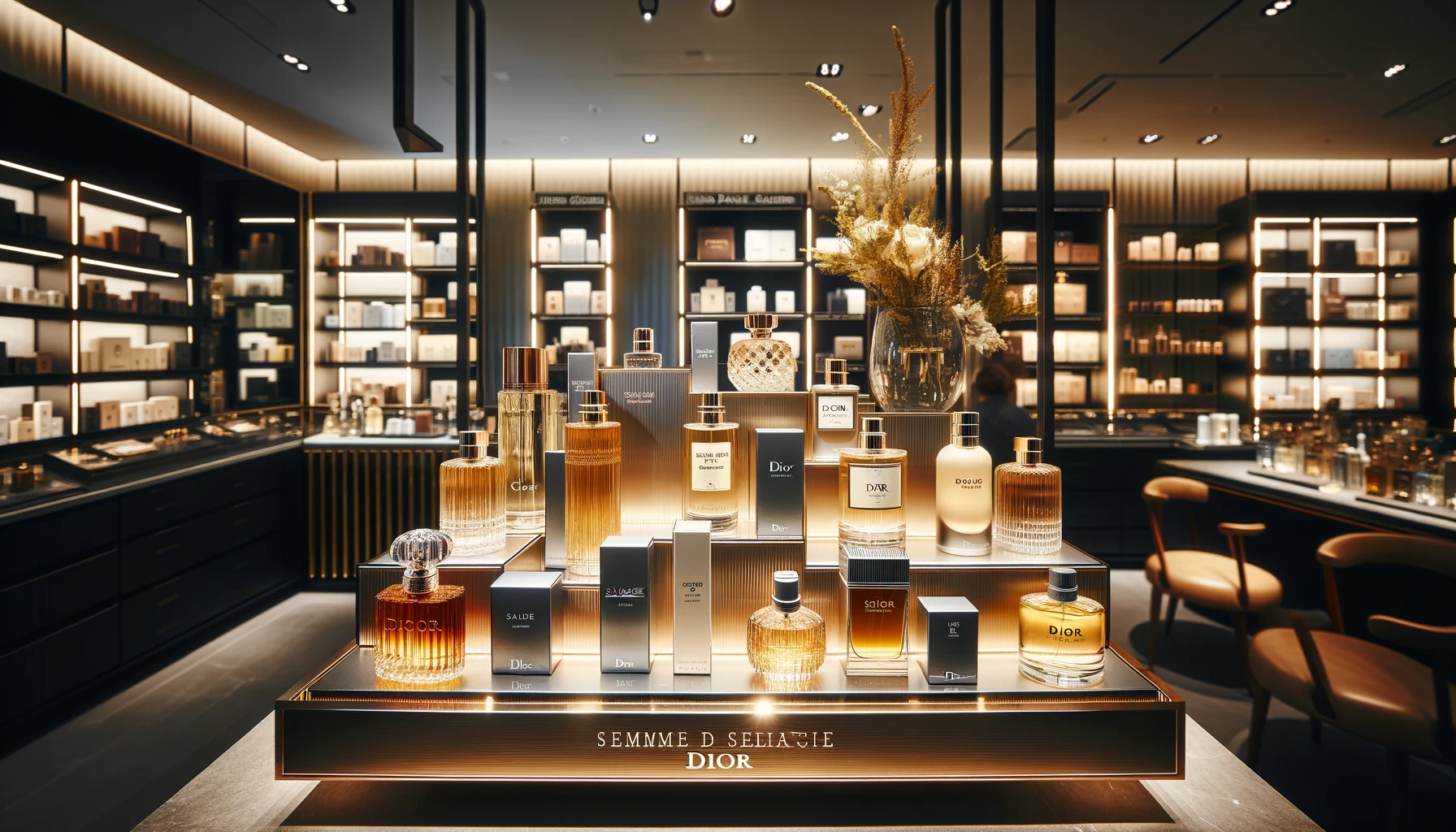 a high-end men's fragrance display at a sophisticated boutique. It includes a variety of summer scents like Dior Sauvage Elixir and Jean Paul Gaultier Le Male Elixir, arranged on a modern glass shelf with soft ambient lighting enhancing the allure of the bottles.