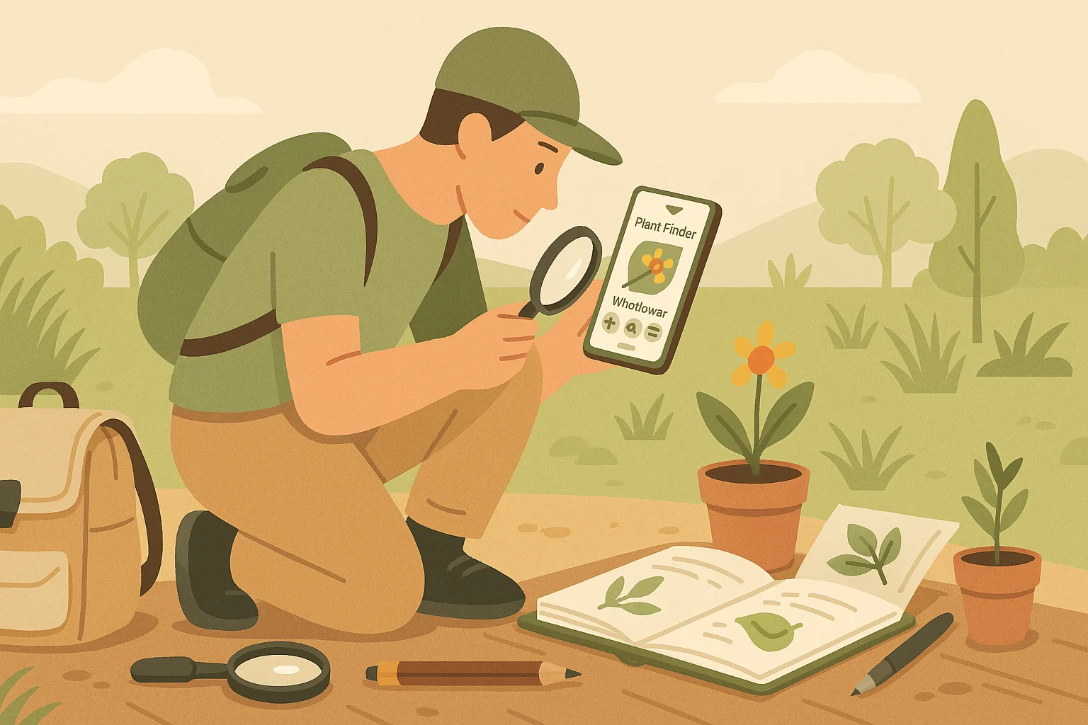 A hiker stops to identify a plant via AI Plant Finder.