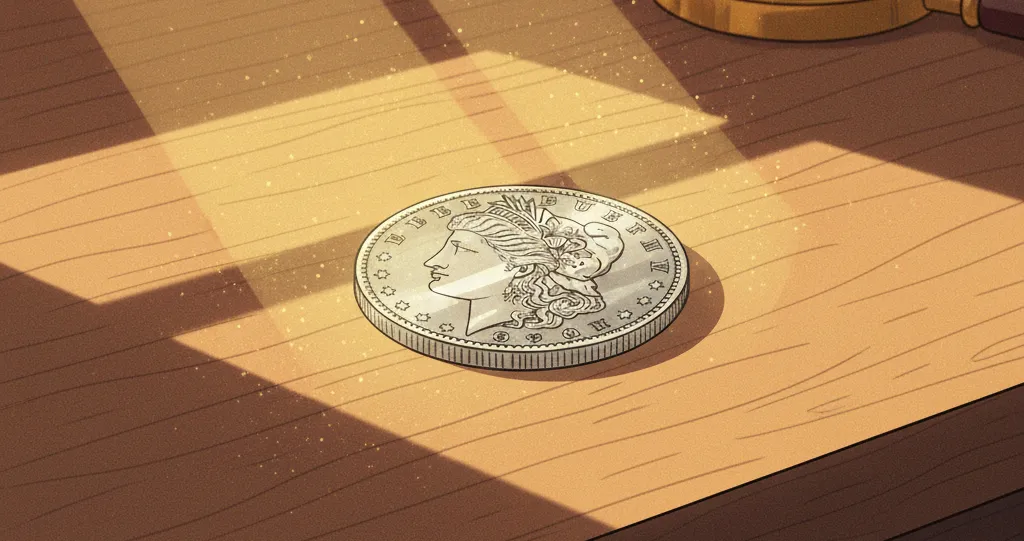 Morgan Dollar on the table in the sunlight