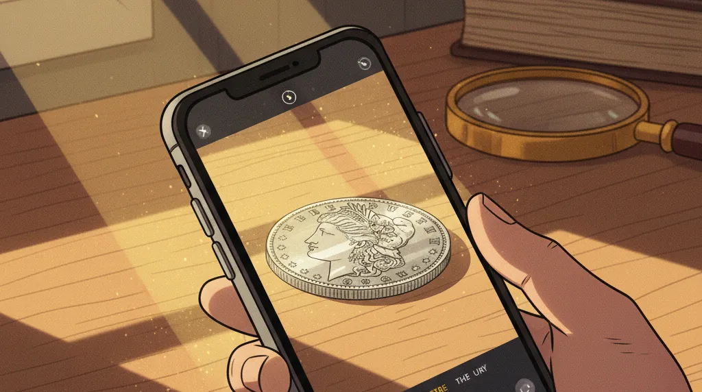 the phone taking picture of the coin