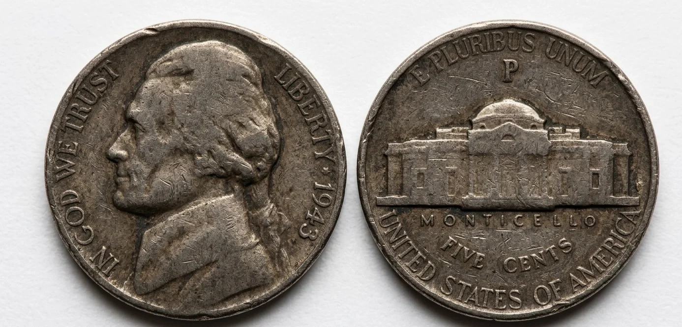 A worn nickel with visible scratches and patina
